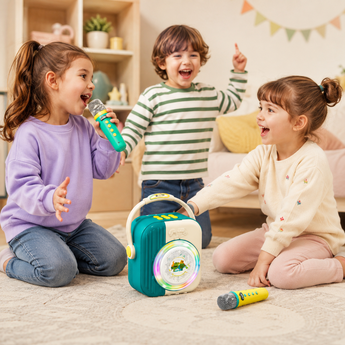 Karaoke Infantil Bluetooth Con 2 Micrófonos Inalámbricos